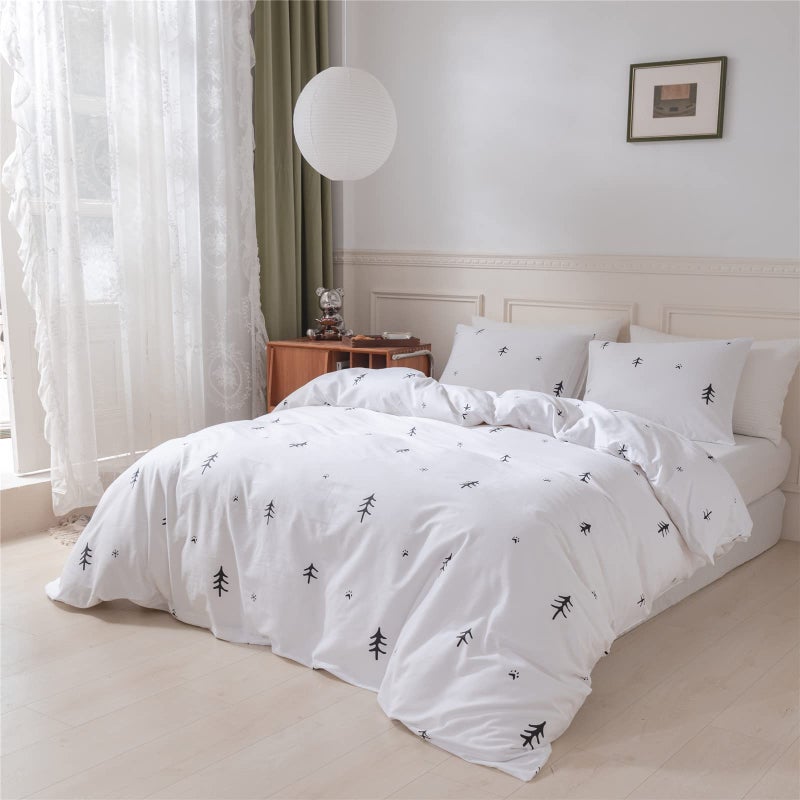 BuLuTu Kids Duvet Cover Twin Cotton White/Grey,Premium Boys Girls Bedding Sets Twin,Single Bed Comforter Cover Zipper Closure,Forest Tree Print Pattern,Super Soft,Breathable,No Comforter - Image 4